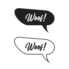Woof text in a speech bubble balloon silhouette . Cute cartoon comics dog bark sound effect and lettering. isolated on white background. Vector illustration.  EPS 10/AI  