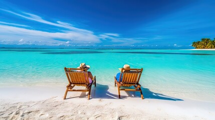 Two people sit on wooden beach chairs facing the clear blue waters of the Maldives, symbolizing leisure and tranquility
