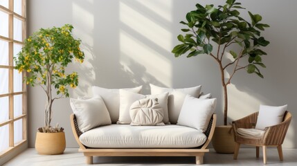 An elegantly simple living room setup with a modern sofa, indoor plants, and sunlight casting shadows on the wall