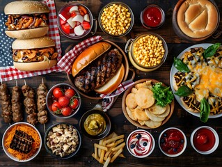 Festive Independence Day Barbecue Spread with Traditional American Picnic Foods and Patriotic Decor