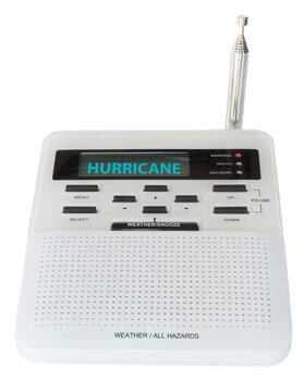 Hazards and weather radio showing a hurricane warning
