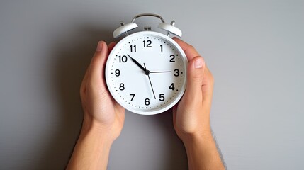 Two hands firmly holding a white alarm clock against a grey background, depicting time management