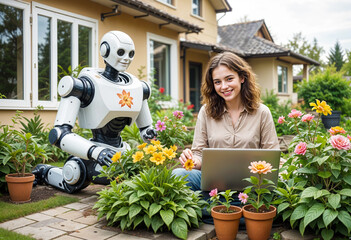 Woman planting and gardening with help of a robot. Assistant helper in daily life. Future with delegating processes. Future concept with smart robotics. Blending modern technology with everyday home