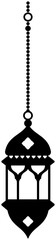 Arabic lantern for Islamic holidays Ramadan, Eid Al-Adha, Eid Mubarak. Eastern black silhouette of Arabic city, mosque, Koran, crescent, star, hookah, rosary, lantern garland. Vector illustration.
