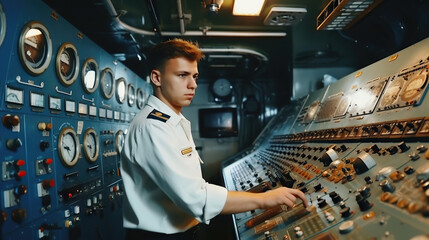 A young naval officer is attentively operating a control panel inside a submarine