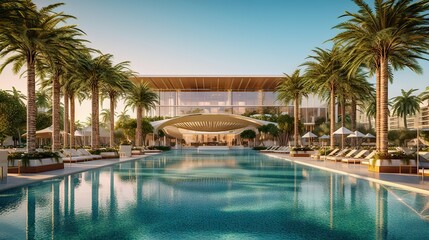 Modern luxury hotel with an elegant swimming pool surrounded by palm trees, showcasing architectural design and leisure