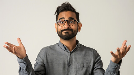 Bearded Young Man with Glasses in Gray Shirt Shrugging with Confused Expression