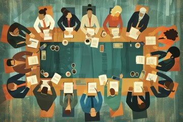 diverse business people at conference in progress in office flat lay illustration view from above