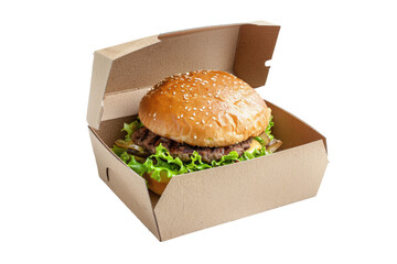 burger fast food in brown paper box isolated on white or transparent png