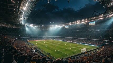 A packed stadium filled with spectators cheering and watching a lively soccer match on the field.