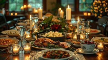 Fototapeta premium A cozy dining setting with a beautifully set table, featuring a variety of delicious dishes, candles, and elegant tableware.