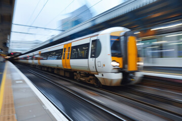 Obraz premium A train speeding past a platform, with the train itself slightly blurred and the platform details in sharp focus, giving a sense of the train's rapid motion. 