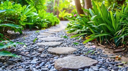 Stone pathway surrounded by lush green plants and trees in garden - Powered by Adobe