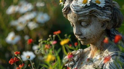 Stone statue of serene woman with flowers