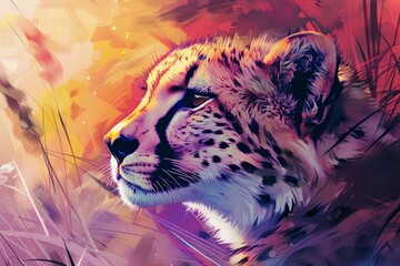 Digital art of a cheetah's profile against a colorful, abstract sunset backdrop