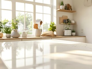 A white quartz countertop in a modern Scandinavian kitchen with a blurred background of white cabinets