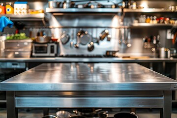 A stainless steel kitchen island in a professional chef s kitchen with a blurred background of highend cooking equipment