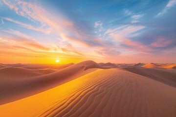 Sundown in the desert with sand dunes and sunset sky