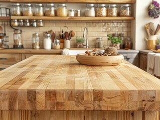 A light wood butcher block island in a farmhousestyle kitchen with a blurred background of open shelves