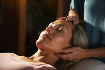 Fototapeta premium Ai generative portrait of masseur work manual therapist making anti aging face massage in spa center