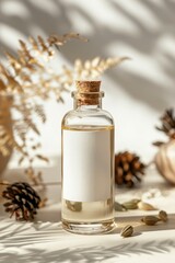 A sleek amber glass bottle with a white label