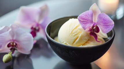 A bowl of durian ice cream garnished with a Royal Thai Orchid in vibrant purple, served elegantly.