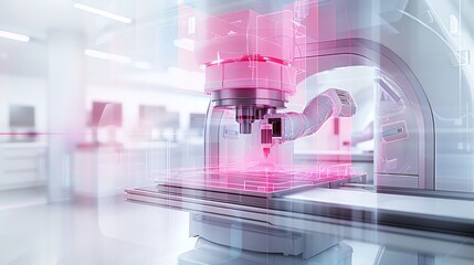 Modern medical imaging machine in a sterile hospital room.  High-tech equipment for diagnosis and treatment.  Healthcare technology.