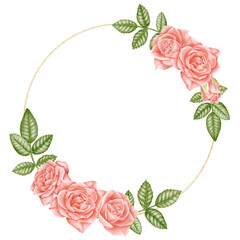 Wreath with pink Rose Flowers and green leaves. Hand drawn illustration of round Template with blooming plants for greeting cards or wedding invitations. Floral border. Botanical circular Frame.