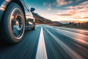 A sports car accelerating on a highway, captured from a low angle towards the front, with the car sharp and the road and landscape blurred to show speed.