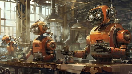 Steam-powered robots working in a factory  