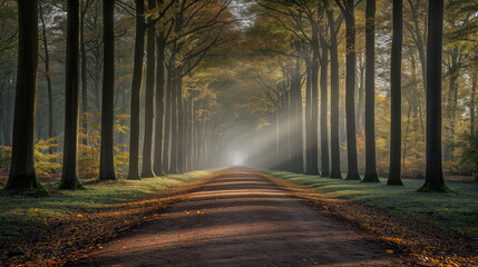 Obraz premium A serene forest path lined with tall, ancient trees, dappled sunlight filtering through the lush green canopy, creating a peaceful and inviting atmosphere