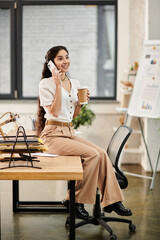 Young indian woman at desk, animatedly talking on phone.