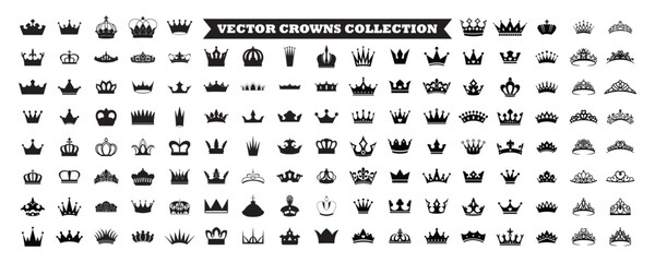 Big set of crown Silhouette, royal and luxury crown icons vector collection