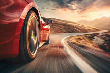 A sports car accelerating on a highway, captured from a low angle towards the front, with the car sharp and the road and landscape blurred to show speed.