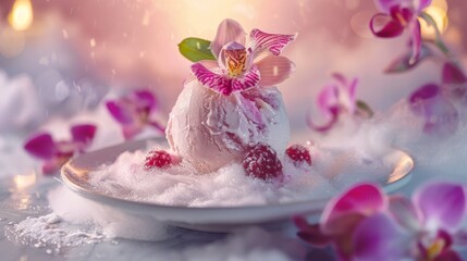 A refined dessert of durian ice cream decorated with a purple Royal Thai Orchid, photographed with soft lighting.