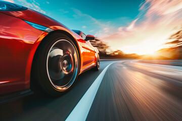 A sports car accelerating on a highway, captured from a low angle towards the front, with the car sharp and the road and landscape blurred to show speed.