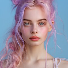 Portrait of a beautiful teen girl with a lilac braid and blue eyes. The background is blue. Minimalistic studio portrait. 