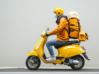 Delivery rider wearing a mask and helmet, riding a yellow scooter with a large backpack, symbolizing urban mobility and safety.