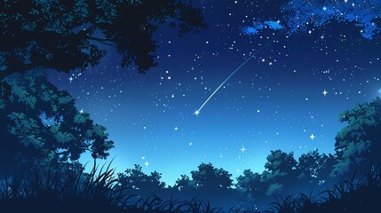 The night sky is full of stars. A shooting star streaks across the sky. The trees are silhouetted against the night sky. The grass is dark and green.