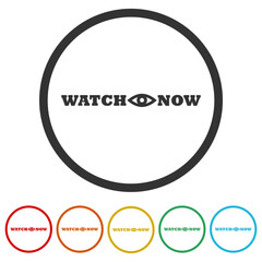 Watch now icon. Set icons in color circle buttons