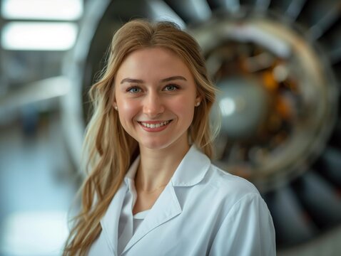 An Aerospace Engineer female wearing a lab coat , standing in front of a wind tunnel or aircraft model, smiling and looking into the camera