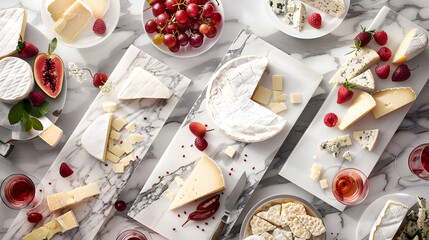 A table with a variety of cheeses and fruits, including strawberries and grapes