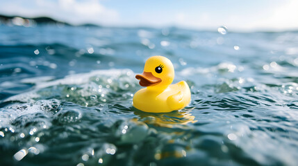 A rubber duck toy floating in the serene sea, evoking feelings of childhood nostalgia and carefree summer days.