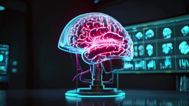 Explore the complexity of the human mind with an animated depiction of the human brain set against a backdrop of vibrant, burning lights in a captivating scientific presentation.