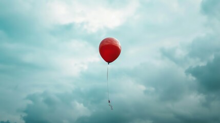 Minimalistic photo of a red balloon floating in a cloudy sky.