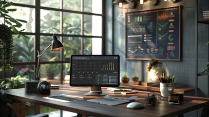 A modern office with a sleek digital tablet displaying a budget breakdown alongside a traditional chalkboard with handwritten notes.