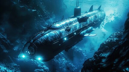 Submarine exploring the deep ocean  