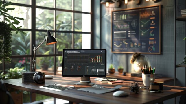 A modern office with a sleek digital tablet displaying a budget breakdown alongside a traditional chalkboard with handwritten notes.