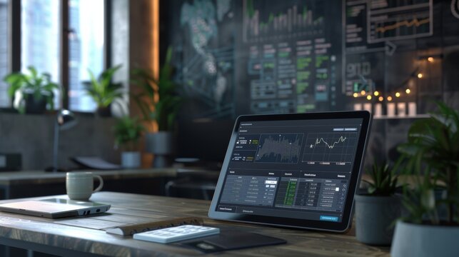 A modern office with a sleek digital tablet displaying a budget breakdown alongside a traditional chalkboard with handwritten notes.