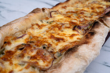 Gourmet cuisine. Closeup view of a homemade mozzarella, provolone, blue cheese and onion pizza on the white marble table.	

